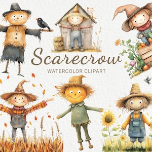 Vogelscheuche Aquarell Clipart - 24 PNG Fee & lustiger Bauernhof Farmwächter, niedliches Bogey, Scrapbooking, Grafik, sofort digitaler Download
