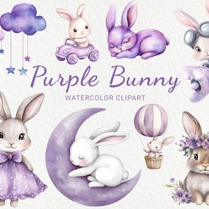 Purple Bunny aquarel clipart - 24 PNG schattig konijn, violet haas, kinderkamer, decor babykamer, lila babyshower, babyfeestje, digitale download