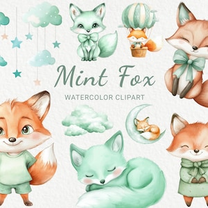 Clipart acquerello di volpe verde - 24 PNG, decorazione con simpatici animali del bosco color menta, baby shower, festa per neonati, cameretta per bambini, piccola volpe, download digitale istantaneo