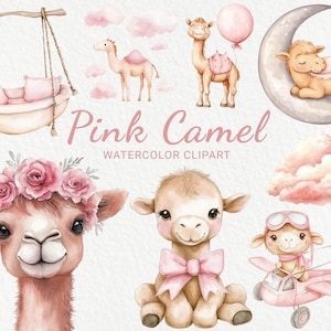 Clipart acquerello cammello rosa - 24 PNG Nursery Cute Fairy Safari Animals Immagini, Baby Shower Decor, Baby Party, Download digitale istantaneo