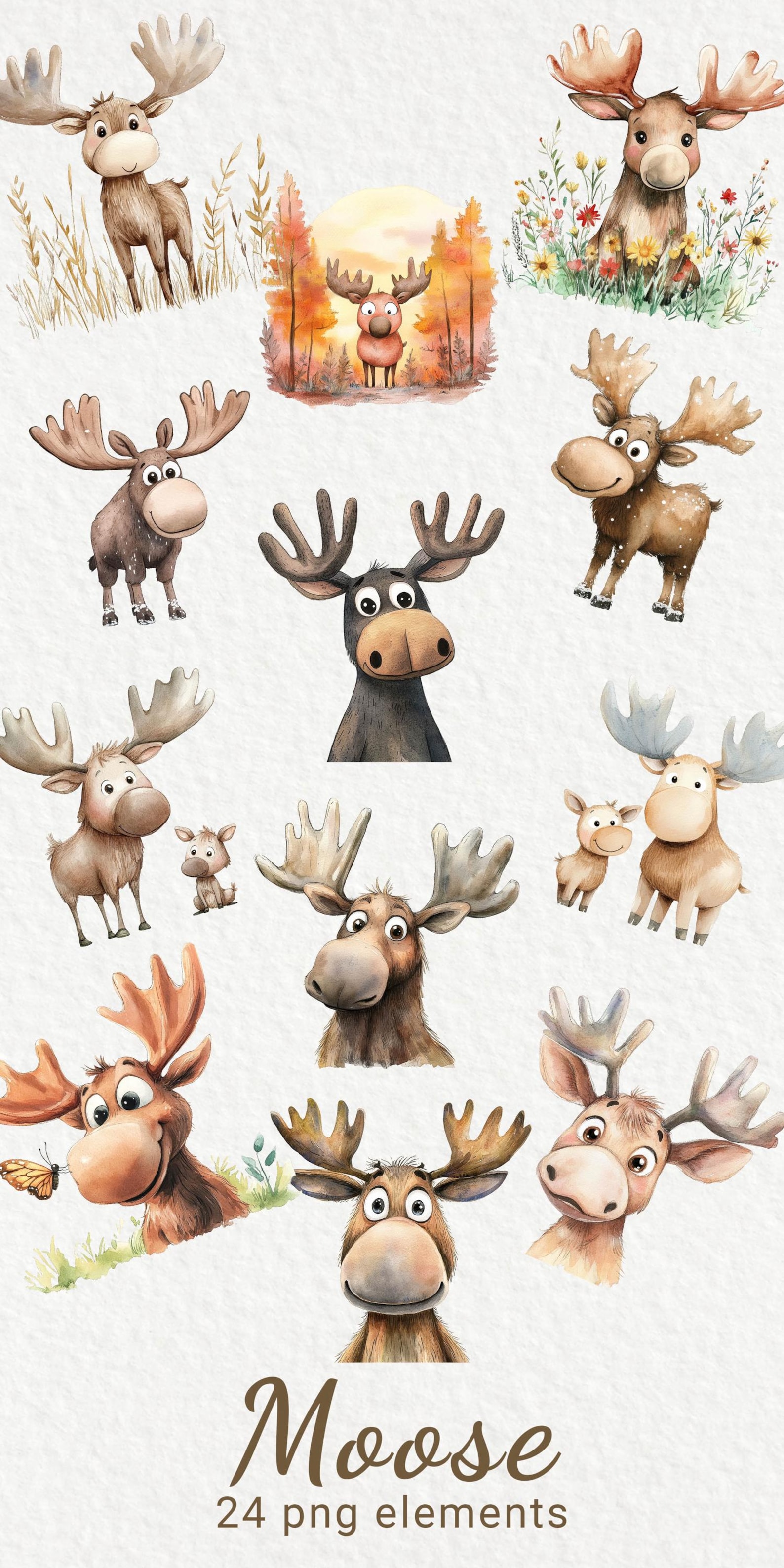 Moose Clipart - 24 PNG Watercolor Baby Moose Clip Art, Funny Moose ...