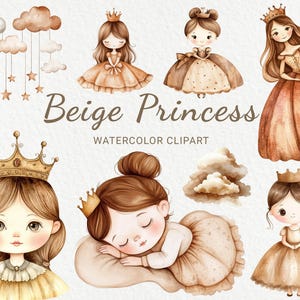 Prinzessin Aquarell Clipart - 24 PNG kleine Königin Dekor Beige & Braun, Kinderzimmer, Babyparty, Babyparty, kleine Fee, digitaler Download