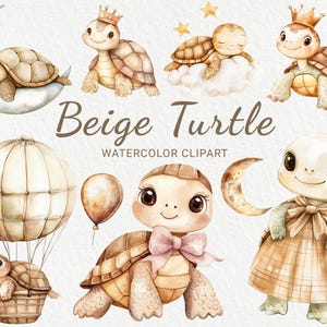 Clipart aquarelle de chambre de bébé tortue - 24 PNG tortue mignonne en beige et marron, décoration de baby shower, fête de bébé, petite tortue, téléchargement numérique