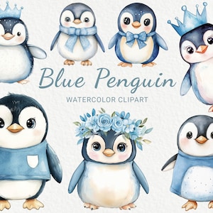 Blue Penguin Nursery Watercolor Clipart - 24 PNG Cute Blue Animals Decor, Chá de Bebê, Festa de Bebê, Pinguim Sonhador, Download Digital Instantâneo