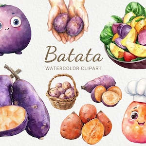 Clipart de acuarela de batata - 24 divertidas ilustraciones PNG de batata, boniato, verduras chibi, comida kawaii, descarga digital, uso comercial