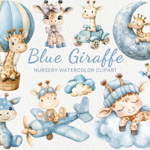 Blauwe giraf aquarel clipart - 24 png kwekerij schattige fairy safari dieren-afbeeldingen, babyshower decor, babyfeestje, instant digitale download