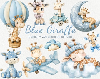 Blue Giraffe Watercolor Clipart - 24 PNG Nursery Cute Fairy Safari Animals Images, Baby Shower Decor, Baby Party, Instant Digital Download