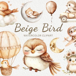 Pássaros aquarela clipart - 24 PNG fofos pássaros de fadas em bege e marrom, ilustração, berçário, decoração de chá de bebê, festa de bebê, download digital
