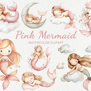 Roze zeemeermin clipart - 24 png aquarel baby roos zeemeermin illustraties, grappige zeemeermin, babyshower decor, inrichting kinderkamer, digitale download