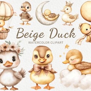 Clipart de aquarela de berçário de pato - 24 PNG Pato fofo em bege e marrom, decoração de pássaros, chá de bebê, festa de bebê, pato de fazenda bebê, download digital