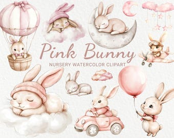 Różowy Króliczek Przedszkole Akwarela Clipart - 24 PNG Urocze Zwierzęta Wróżki, Królik, Zając, Dekoracja Baby Shower, Przyjęcie dla Dzieci, Natychmiastowe Pobieranie Cyfrowe