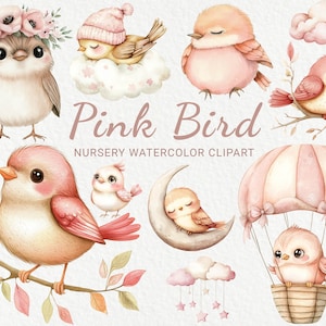 Clipart de aquarela de berçário de pássaros rosa - 24 ilustrações de pássaros de fadas fofos em PNG, decoração de chá de bebê, festa de bebê, download digital instantâneo