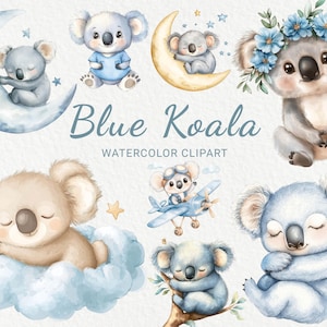 Clipart aquarelle de chambre d'enfant koala bleu - 24 PNG mignon ours koala, décoration animaux, baby shower, fête de bébé, bricolage, téléchargement immédiat