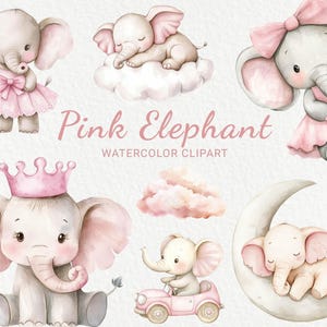 Roze olifant kwekerij aquarel clipart - 24 png-safari dieren kinderkamer decor, digitale prints, babyshower afbeeldingen, digitale download