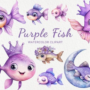 紫色の魚の水彩画クリップアート - 24 PNGかわいい海洋生物、バイオレット保育園、海の部屋の装飾、ベビーシャワー、ベビーパーティー、デジタルダウンロード