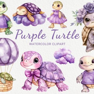 Lila Schildkröte Kindergarten Aquarell Clipart - 24 PNG niedliche Schildkröte in Flieder und Lavendel, Baby-Dusche-Dekor, Baby-Party, digitaler Download