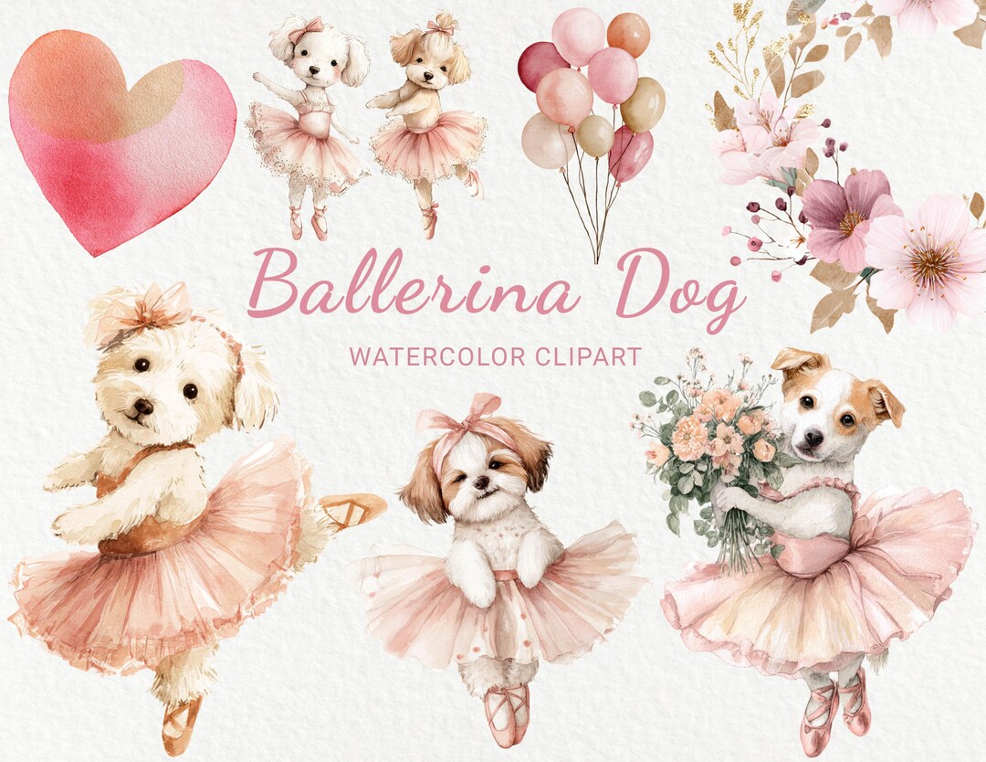 Pink Ballerina Dog Nursery Watercolor Clipart - 24 PNG Cute Puppy ...