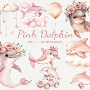 Clipart aquarelle de chambre de bébé dauphin rose - dauphin mignon 24 PNG, décor marin, baby shower, fête de bébé, océanique, téléchargement immédiat