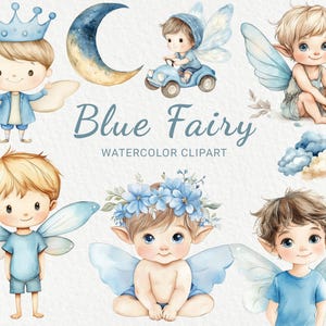 Clipart acquerello fata azzurra - 24 PNG Decorazione carina fata, cameretta, baby shower, festa per bambini, piccolo fata ragazzo, download digitale istantaneo