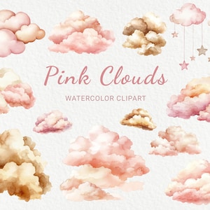 Può includere: Clipart ad acquerello con varie nuvole rosa e beige. Alcune nuvole sono soffici, altre sono a strati e alcune hanno stelle appese. È presente anche il testo "Pink Clouds" e "Watercolor Clipart".