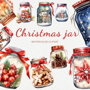 Christmas Jar Watercolor Clipart - 24 PNG Winter Decor Images, Winter Jar Graphics, Christmas scene, Instant Digital Download,Commercial Use