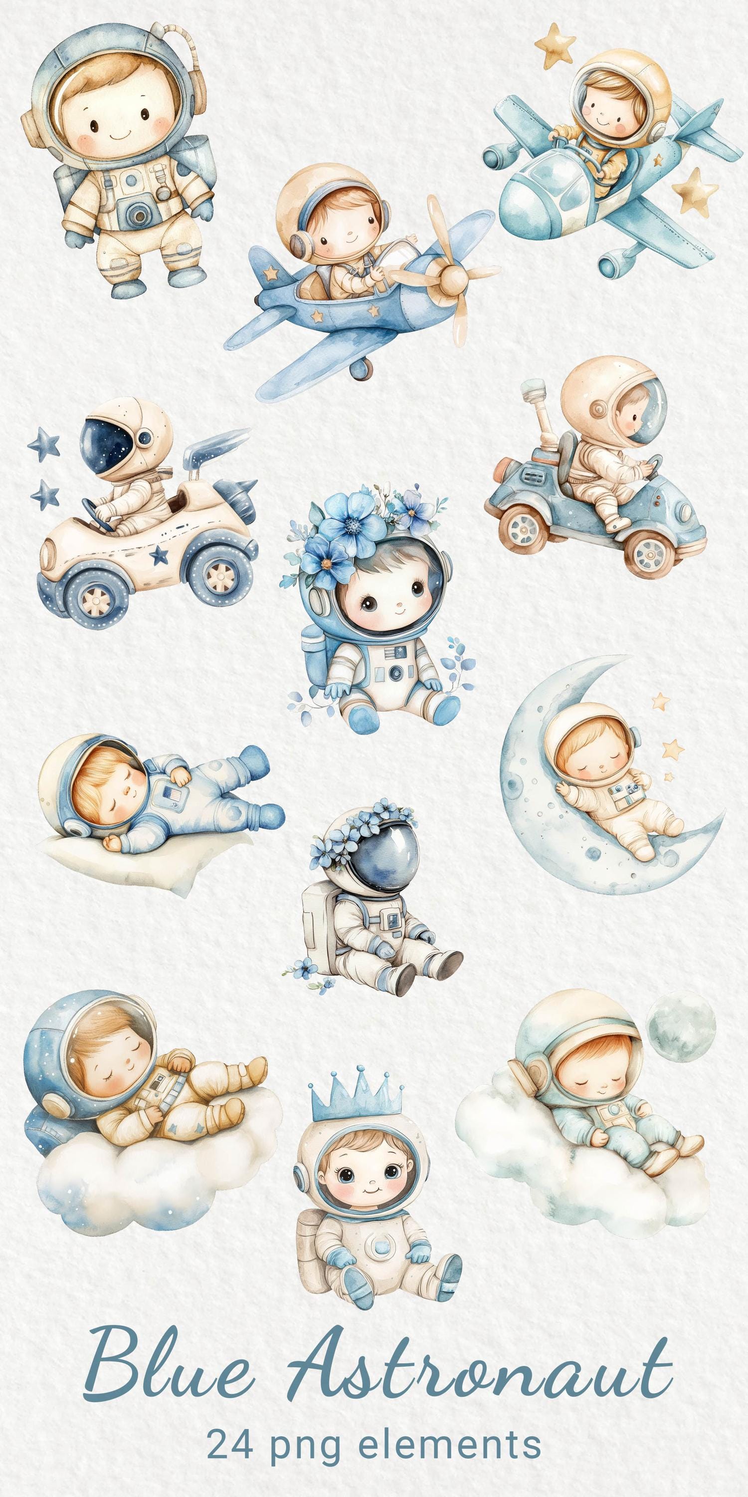 Blue Astronaut Watercolor Clipart - 24 PNG Cute Space Decor, Nursery ...