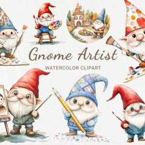 Artysta Gnome Clipart - 24 PNG Akwarela Krasnolud Ilustracja, Grafika Sublimacyjna, Wystrój Pokoju Dziecięcego, Impreza Baby Shower, Pobieranie Cyfrowe