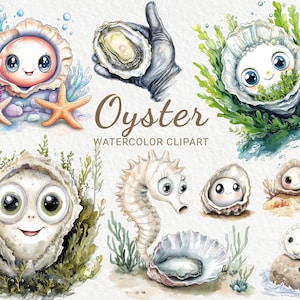 Oyster Watercolor Clipart - 24 PNG Cute Oyster clip art, Marine theme decor, Nautical scrapbooking, junk journal, Instant Digital Download