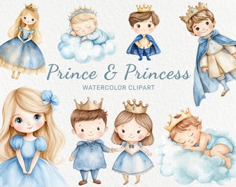 Niebieska księżniczka i książę akwarela Clipart - 24 PNG Mała królowa Dekoracja pokoju, pokój dziecięcy, baby shower, przyjęcie dla dzieci, pobieranie cyfrowe