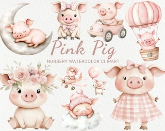 Pink Pig Watercolor Clipart – Baby Nursery Decor (Digital Download)