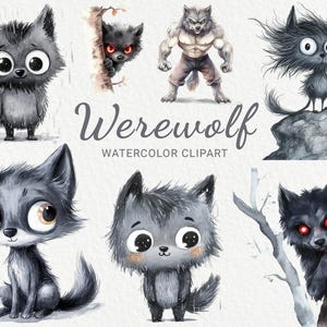 Clipart de acuarela de hombre lobo de dibujos animados - 24 PNG de hadas y lobos divertidos para guardería, decoración de baby shower, fiesta de bebé, descarga digital