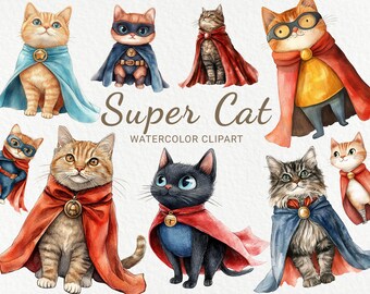 Aquarell Katze Superheld Clipart: 24 PNG Kätzchen Grafiken (digitaler Download)
