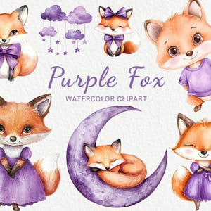 Clipart de acuarela de zorro morado - 24 PNG lindos animales del bosque, guardería violeta, decoración de habitaciones, baby shower lila, fiesta de bebé, descarga digital