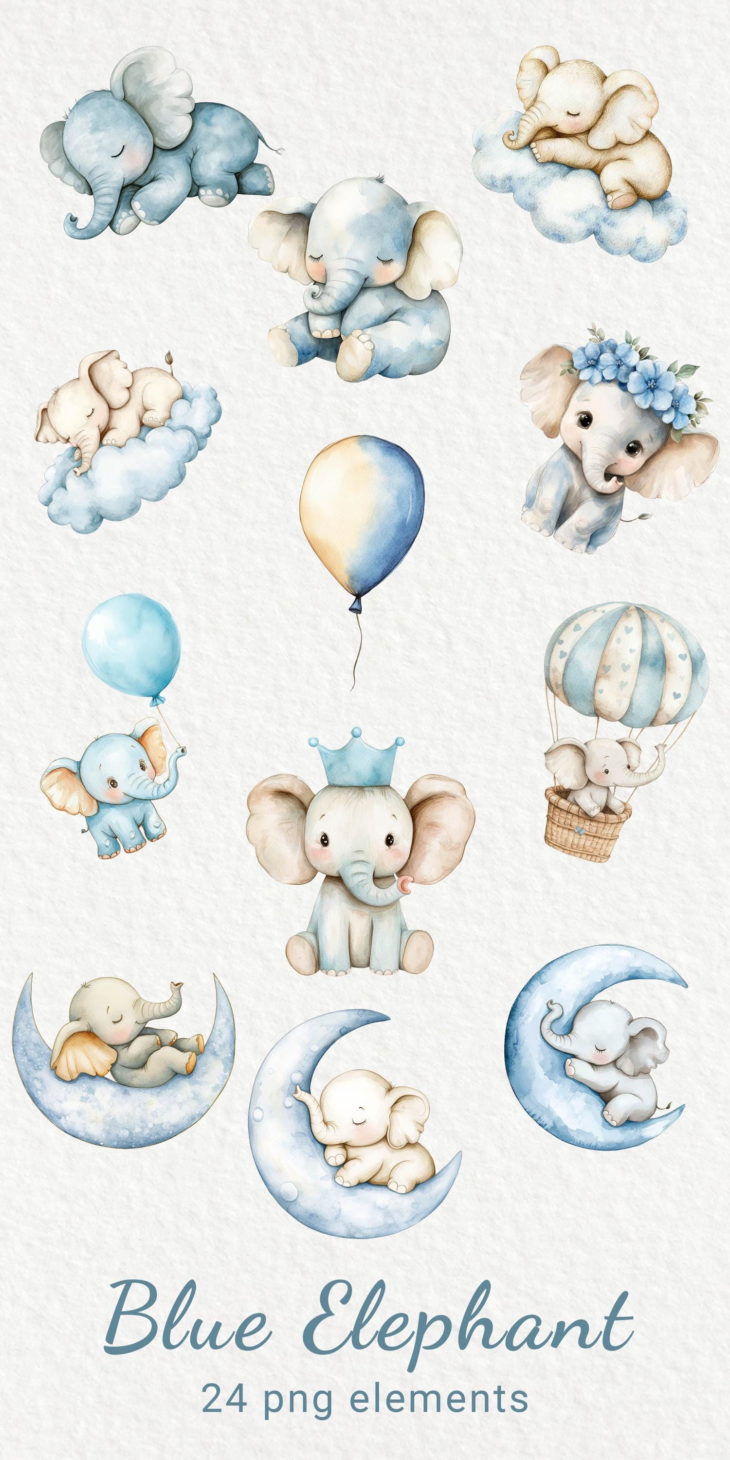 Blue Elephant Nursery Watercolor Clipart - 24 PNG Safari Animals Kids ...