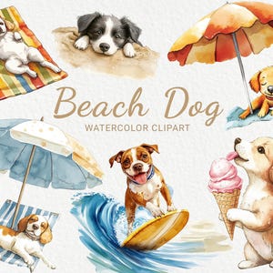 Hund am Strand Aquarell Clipart - 24 PNG, Süßer Sommerhund, Zimmer Dekor, Hunde entspannen sich am Strand, Sofortiger digitaler Download