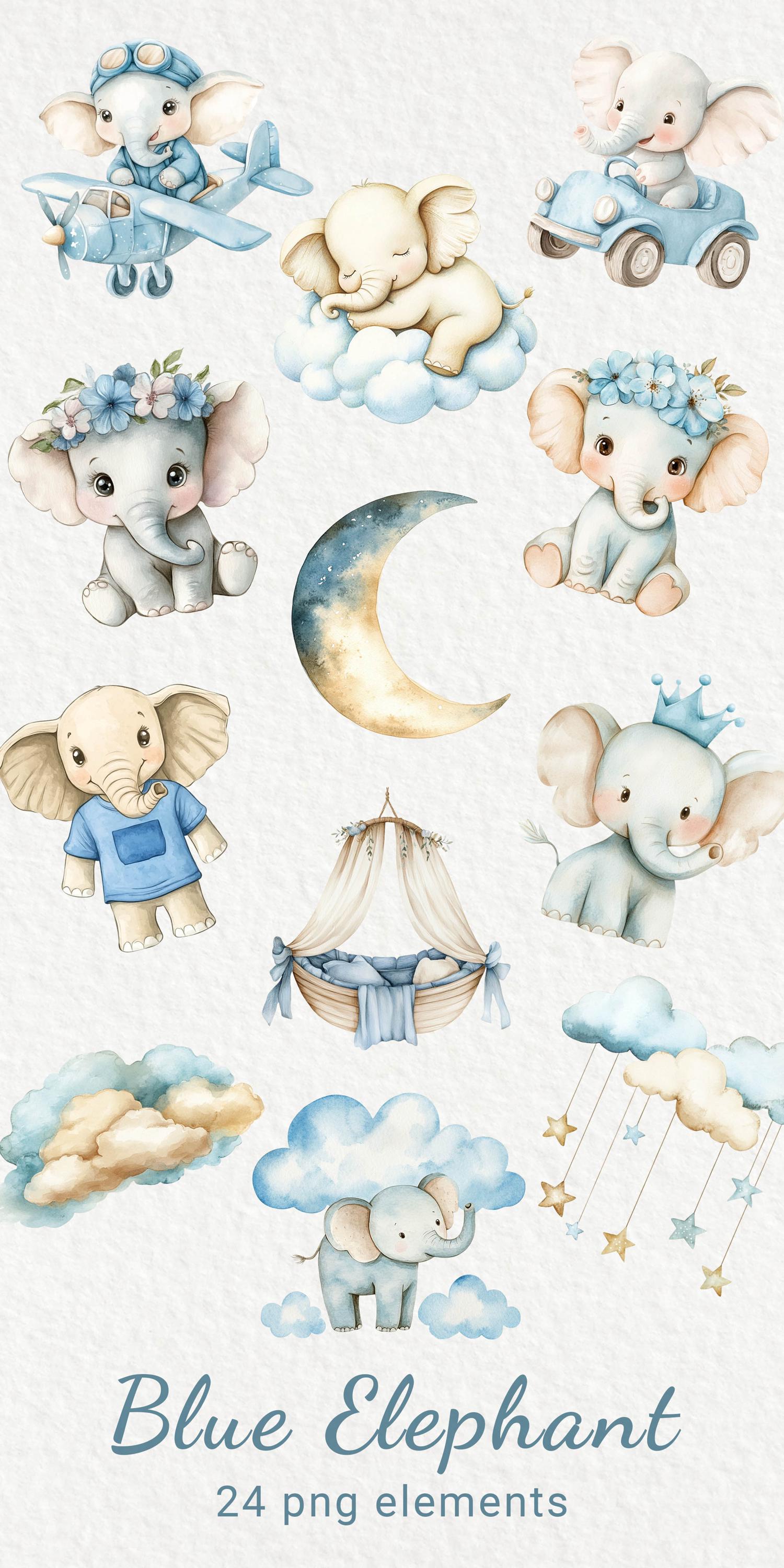 Blue Elephant Nursery Watercolor Clipart - 24 PNG Safari Animals Kids ...