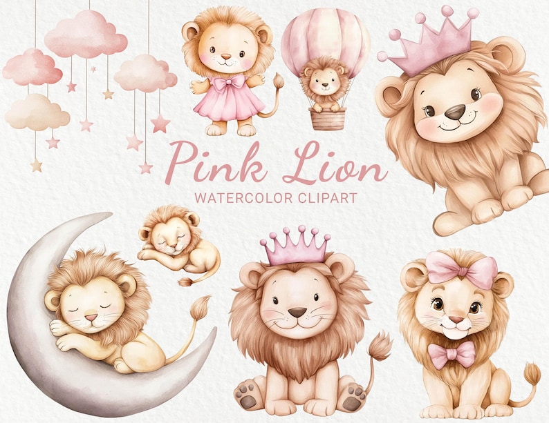 Pink Lion Nursery Watercolor Clipart - 24 PNG Safari Animals Decor ...