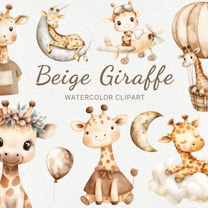 Girafa Nursery Watercolor Clipart - 24 PNG Cute Fairy Safari Animals em Bege e Marrom, Decoração de Chá de Bebê, Festa de Bebê, Download Digital