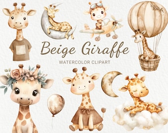 Clipart de acuarela de jirafa para guardería: 24 lindos animales de safari de hadas PNG en beige y marrón, decoración de baby shower, fiesta de bebé, descarga digital