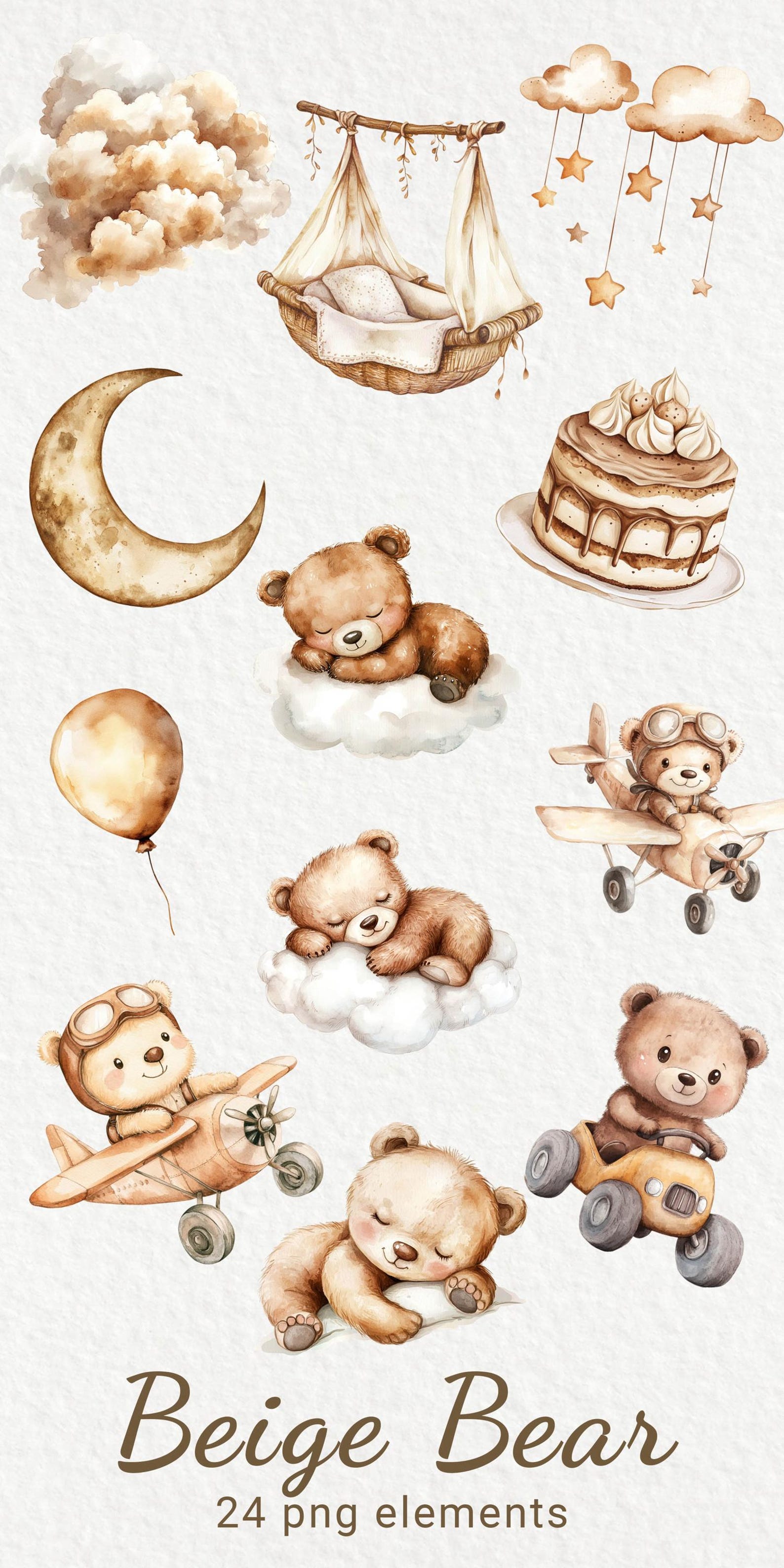 Bear Nursery Watercolor Clipart - 24 PNG Cute Animals in Beige & Brown ...