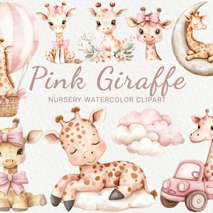 Clipart de aquarela de berçário de girafa rosa - 24 imagens PNG de animais fofos de safári de fadas, decoração de chá de bebê, festa de bebê, download digital instantâneo