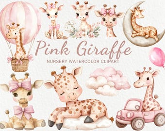 Różowa żyrafa, akwarela, kliparty do przedszkola - 24 PNG, słodkie wróżki, safari, obrazy zwierząt, dekoracje na baby shower, przyjęcie dla dzieci, natychmiastowe pobieranie cyfrowe
