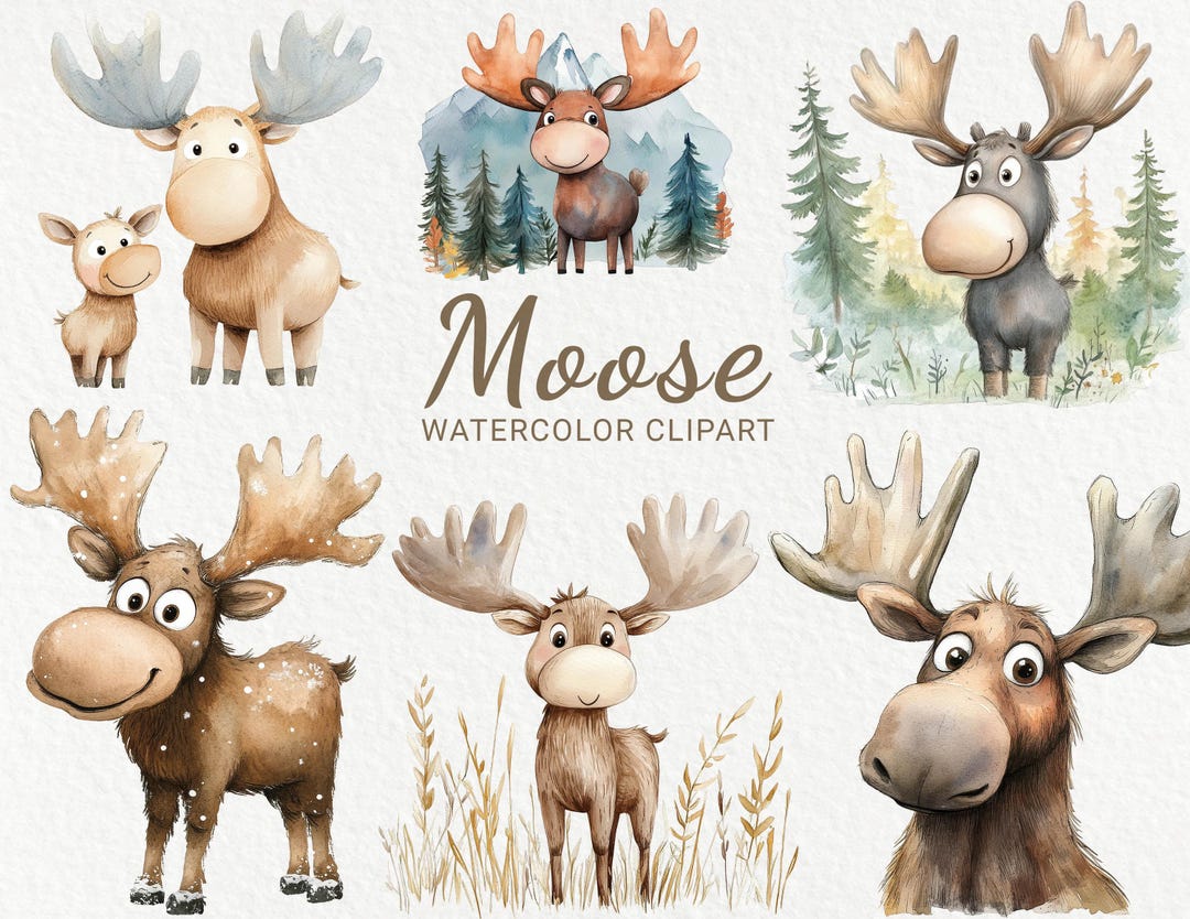 Moose Clipart - 24 PNG Watercolor Baby Moose Clip Art, Funny Moose ...