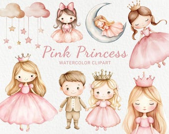 Pink Princess Watercolor Clipart - 24 PNG Little Queen Room Decor, Nursery, Baby Shower, Baby Party, Little Fairy Girl, Digital Download
