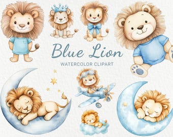 Blue Lion Nursery Watercolor Clipart - 24 PNG Safari Animals Decor, Baby Shower, Baby Party, Cute Little Lion, Instant Digital Download