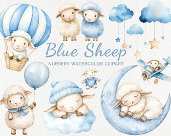 Blue Lamb Nursery Watercolor Clipart - 24 PNG Cute Sheep, Animals Decor, Baby Shower, Baby Party, Blue Sheep, Instant Digital Download