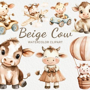 Clipart acquerello per vivaio di mucche - 24 PNG Mucca carina in beige e marrone, decorazioni per animali, baby shower, festa per bambini, mucca, download digitale