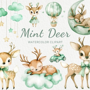 Minze Hirsch Kinderzimmer Aquarell Clipart - 24 PNG süße grüne Waldtiere Dekor, Babyparty, Babyparty, kleines Reh, digitaler Download