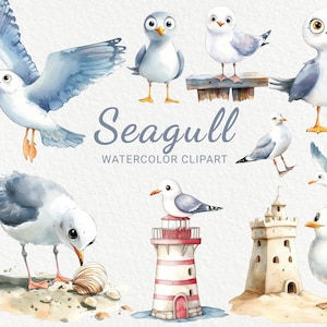 Möwe Aquarell Clipart - 24 PNG Möwen Clip Art, druckbare Meer Vögel, Scrapbooking, digitales Junk Journal, sofortiger digitaler Download