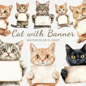 Katten met een leeg bord clipart - 24 png aquarel kat clipart, schrijf je gedachten, wensen of motiverende woorden! Directe digitale download